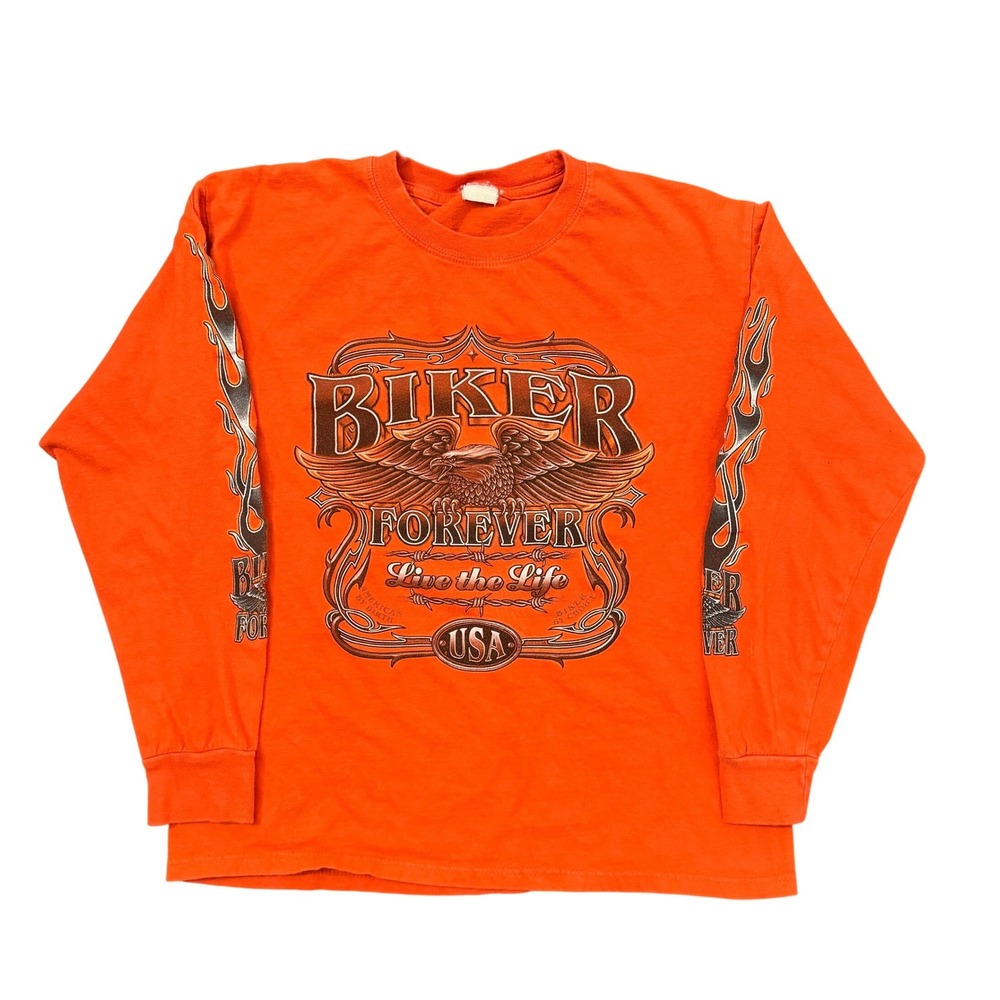 Y2K Biker Forever Eagle Graphic Long Sleeve T-Shirt Orange Harley Style Mens L